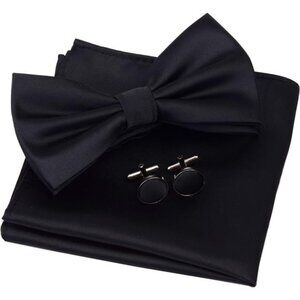 Mens Solid Color Double Fold Pre-tied Bow Tie and Pocket Square Cufflink Set